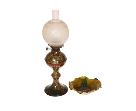 LINTHORPE POTTERYAN OIL LAMP AND A BOWL, NOS. 1322 AND 2028, the oil lamp in two sections, with marbled glaze, the base retai