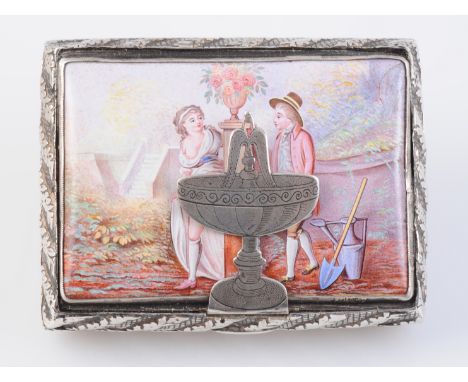 AN UNUSUAL AND EROTIC ENAMEL SNUFF BOX, the hinged rectangular lid with an enamel panel depicting a gardener and a lady, thei