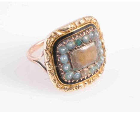 A GEORGIAN SEED PEARL AND ENAMEL RING, circa 1810-1820, the large square mount set to the centre with a rectangular shaped gl