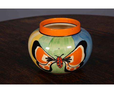 CLARICE CLIFF FANTASQUE VASE, hand-painted with two butterflies, Wilkinson Factory mark. 11.5cm