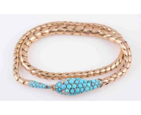 A TURQUOISE SET VICTORIAN SNAKE NECKLACE, circa 1870-1880, the graduating oval articulated snake links as the body, set to th