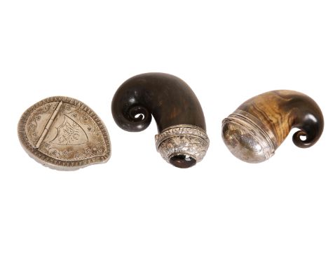 TWO SCOTTISH HORN SNUFF MULLS, the first set with a citrine, the second engraved Adam Herbertson/ Galashiels/1840; together w