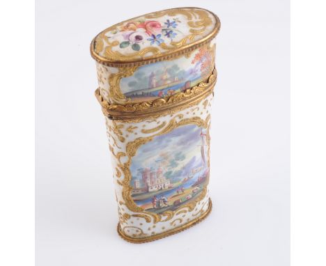 A SOUTH STAFFORDSHIRE ENAMEL NECESSAIRE, LATE 18TH CENTURY, of oval section, the hinged cover opening to reveal an interior w