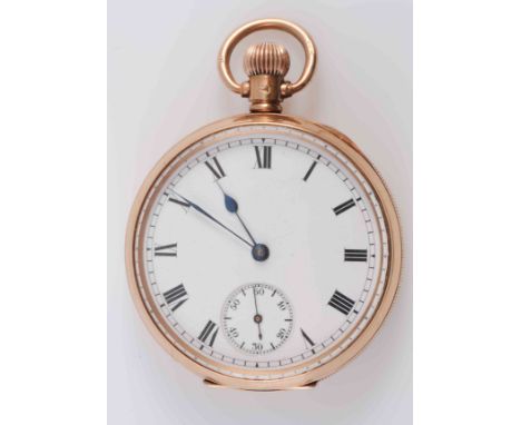 A 9 CARAT GOLD OPEN-FACE POCKET WATCH, BIRMINGHAM 1915, white enamel dial with Roman numerals and subsidiary seconds. 87.5 gr