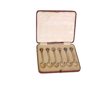 A SET OF SIX SILVER AND ENAMEL CORONATION TEASPOONS, William Hair Haseler, Birmingham 1936, cased.