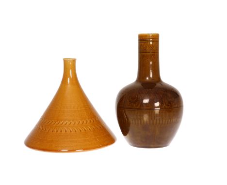 CHRISTOPHER DRESSER FOR LINTHORPE POTTERYTWO SGRAFFITO DECORATED VASES, NOS. 114 AND 200, the first flask shaped with ochre g