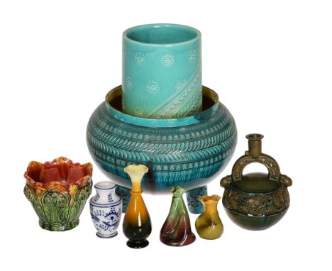 A GROUP OF VICTORIAN ART POTTERY, including a large Linthorpe jardiniere (a/f), a Bretby vase, cylindrical stickstand, a gree