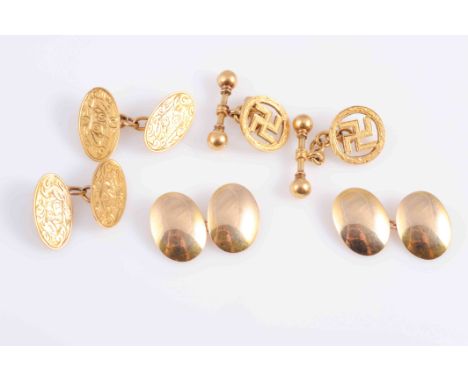 THREE PAIRS OF GOLD CUFFLINKS, the first pair 18 carat gold with simple ovals joined by chains, the second pair 9 carat gold 