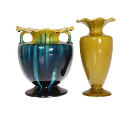 LINTHORPE POTTERYTWO VASES WITH WIDE FRILLED RIMS, NOS. 1747 AND 1787,  the first with two handles and turquoise glaze on a y