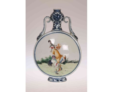 A CHINESE PORCELAIN MOON FLASK, with garlic neck, enamel painted to each side with a figure. 21cm