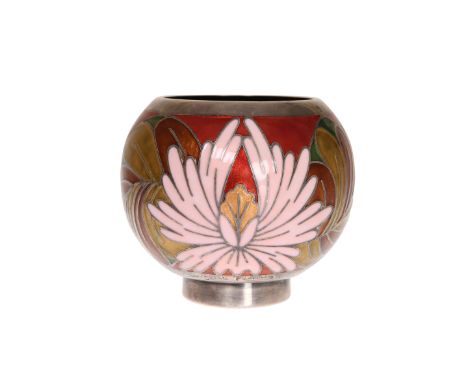 A MIGUEL PINEDA ENAMEL VASE, signed, decorated with stylised flowers in polychrome enamels on a silvered ground. 10.5cm