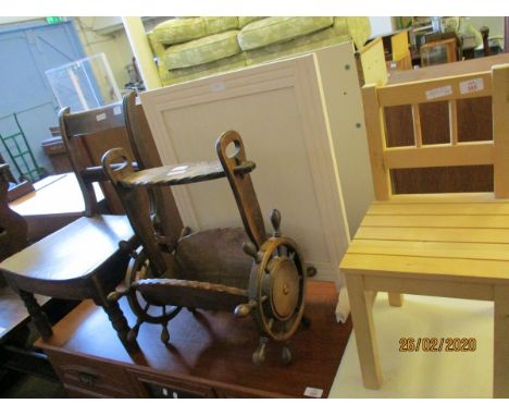 BEECHWOOD FRAMED CHILD’S CHAIR AND A SPARK GUARD, MAGAZINE RACK AND A STOOL (4)