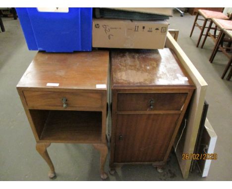 TEAK FRAMED SINGLE DOOR BEDSIDE CUPBOARD AND A WALNUT CUPBOARD WITH SINGLE DRAWER AND OPEN SHELF (2)