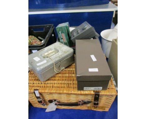 WICKER HAMPER, THERMOS FLASK, CASH TIN, WELLY BOOT SOCKS ETC