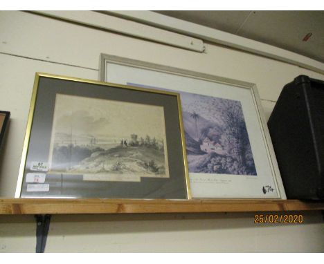 WHITE FRAMED PRINT, AND A VICTORIAN ETCHING “THE AVON AND SEVERN FROM PENHOLE POINT”