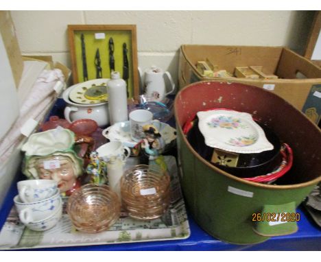 VARIOUS GLASS WARE, GLASS DRESSING TABLE SET, CHARACTER JUG, ETC OVAL TIN PLANTER CONTAINING VARIOUS DECORATIVE ITEMS AND MET