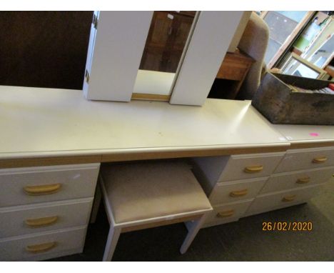 MELAMINE THREE DRAWER CHEST AND A FURTHER MATCHING TWIN PEDESTAL TRIPLE MIRROR BACK DRESSING TABLE AND STOOL (3)