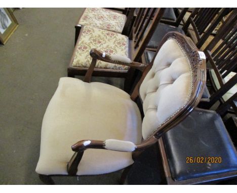 REPRODUCTION FRENCH STYLE TEAK FRAMED ARMCHAIR WITH CREAM UPHOLSTERED SEAT AND BUTTON BACK