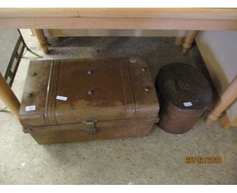 VINTAGE TIN TRUNK AND A CIRCULAR TIN HAT BOX