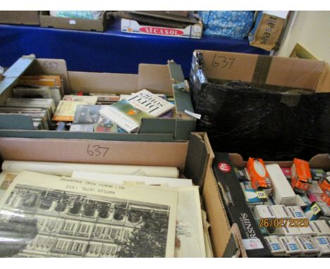 FOUR BOXES OF MIXED CDS, UNFRAMED PRINTS, LIGHT BULBS ETC (4)