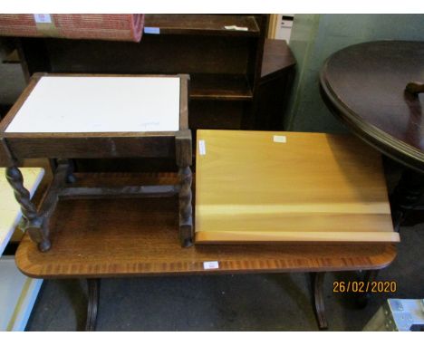 MAHOGANY RECTANGULAR COFFEE TABLE AND A PINE LECTERN AND A BARLEY TWIST STOOL