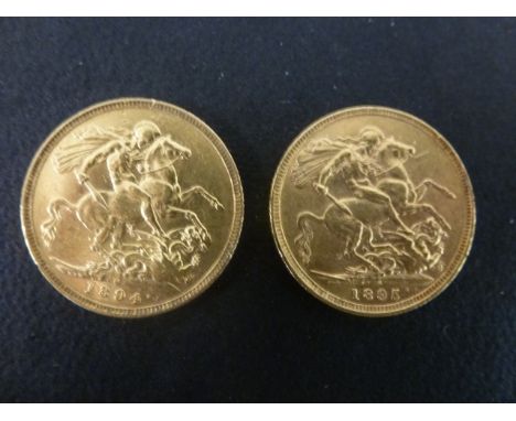 Two Victorian gold Sovereign coins dated 1894 and 1895 both with M for Melbourne Mint - Total weight approx 15.9 grams