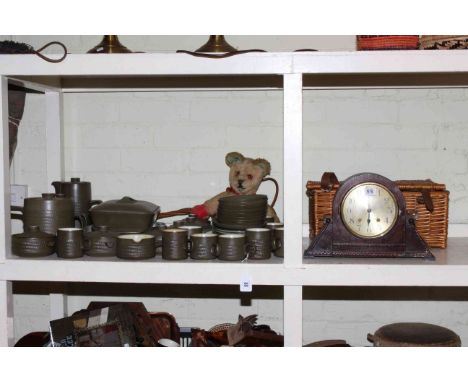 Wicker picnic hamper, oak mantel clock, Denby tableware, teddy, pair of table lamps and corner washstand.