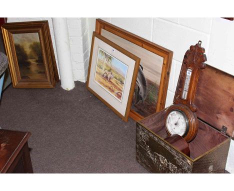 Carved oak barometer, mahogany mantel clock, brass log bin, pair of oil paintings and two prints.