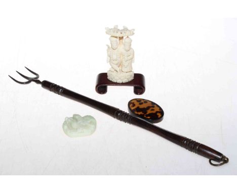 Georgian toasting fork, ivory carving, jade pendant and oval tortoiseshell plaque (4).