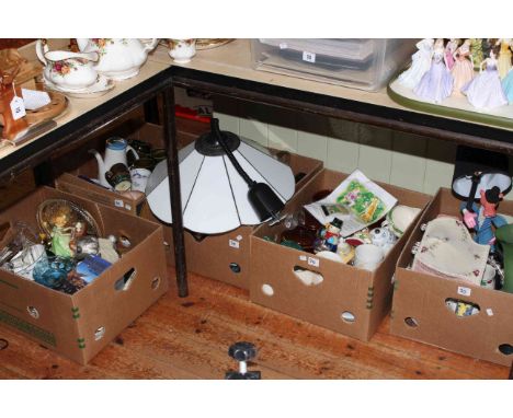 Five boxes of glass, china, Pink Panther table lamp, light fitting, etc.