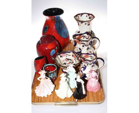 Three graduated Masons Mandalay jugs, bowl and dish, Poole Himalayan Poppy vase, ginger jar and small vase and five Coalport 