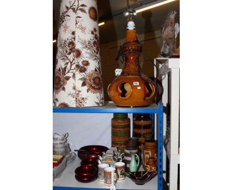 Large pottery lamp, chrome lamp, West German vases and others, three Sadler teapots, Japanese lacquered fruit set, etc.