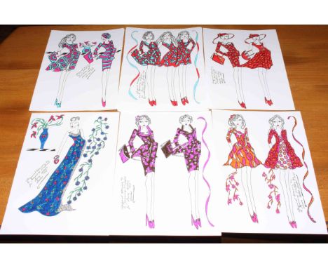 Thirty original fashion drawings by R. Jennings, illustrator for Laura Ashley, London 1970's.