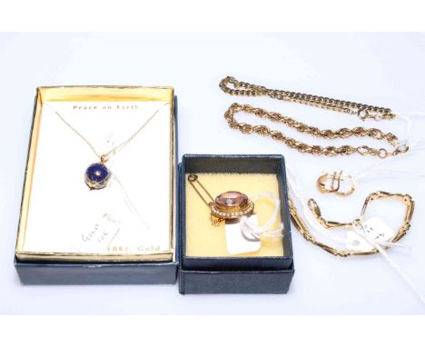 Three bracelets, amethyst and seed pearl brooch, globe pendant and earrings (mostly gold).