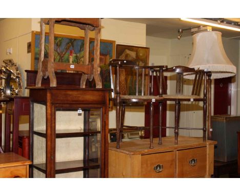 Edwardian mahogany cabinet, organ stool, two Edwardian occasional armchairs, mahogany standard lamp and shade, and low octago