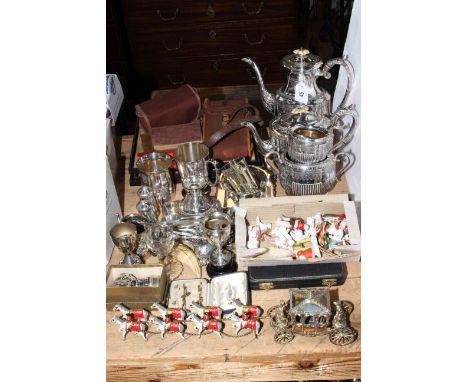 Collection of silver plated ware, Coronation coach and horses, camera, three prints, etc.