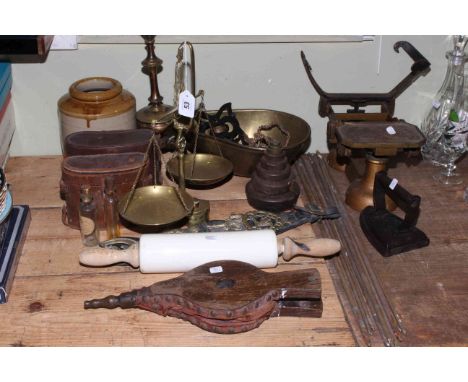 Scales, horsebrasses, two pairs of binoculars, stair rods, brass lamp, etc