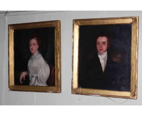 Pair 19th Century portrait paintings, relined and restored and in gilt frames, overall 90cm by 77cm.