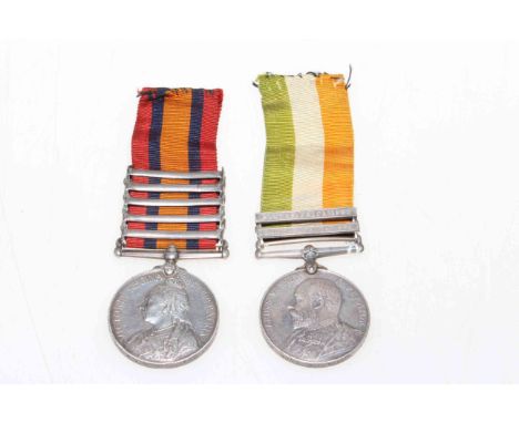 Two Boer War medals with ribbons; A South Africa Queen Victoria with five bars to 34006 GNR A.J. Mercer 64th Battalion RFA an