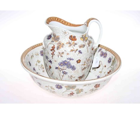 Victorian floral decorated toilet jug and basin, 39cm and 25cm, and brass jam pan 43cm by 37cm.