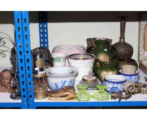 Miners lamp, collection of planters and vases, pair of piano candle holders, lion and other ornaments, etc.