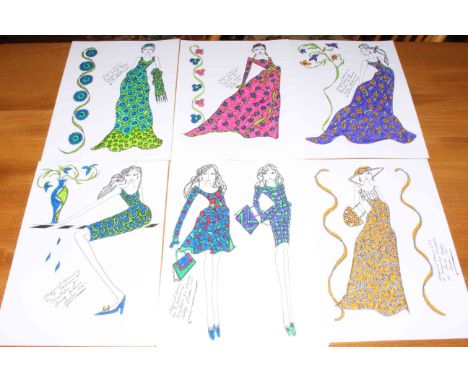 Thirty original fashion drawings by R. Jennings, illustrator for Laura Ashley, London 1970's.