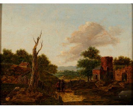 Holländischer Maler 1. Hälfte 19. Jh. Undeutlich sign. Sommerliche Landschaft mit Burgruine und Gehöften, Personen auf altem 