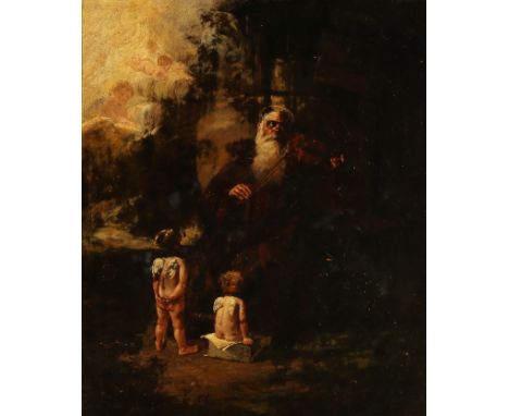 Adolf Hengeler. 1863 Kempten - 1927 München. Heiliger Eremit beim Geigenspiel und zwei geflügelte Putti (wohl übermaltes Port