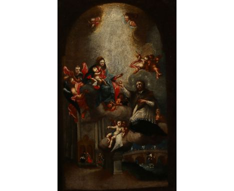 Böhmischer Maler Mitte 18. Jh. Hl. Nepomuk vor Madonna, mit Szenen aus seinem Leben. Öl/Lwd. 51,5 x 33 cm. R