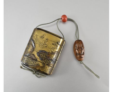 Fünfteiliges Inro. Landschaft in Hira maki-e. Innen Nashiji. Korall-Ojime und Holz-Netsuke. Japan, Meiji-Zeit. H 6 cm. Proven