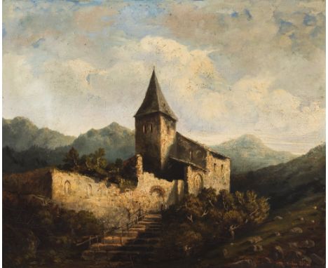 Französischer Maler des 19. Jh. Undeutlich sign. und 1845 dat. Ortsbez. Dijon. Blick auf eine Kirche. Öl/Lwd. 55 x 65 cm. R