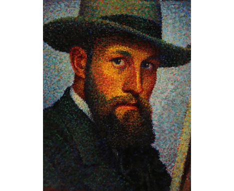 Pointillist des 20. Jh. Undeutlich sign. Herrenportrait mit Hut. Öl/Lwd. 40 x 34 cm. R