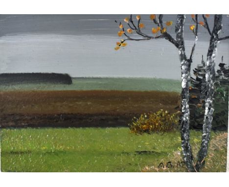 Adolf Braun. 1918 Dellmensingen - 2006 Oberdischingen. Monogr. und (19)82 dat. Herbst über den Feldern. Öl/Holz. 9 x 12,5 cm.
