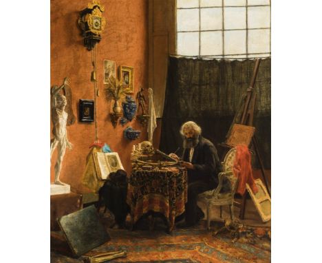 Emile Vauthier. 1864 - Brüssel - 1946. Sign. und 1885 dat. Rs. sign. und bet. "Bruxelles Op. N. 15". Künstler im Atelier beim